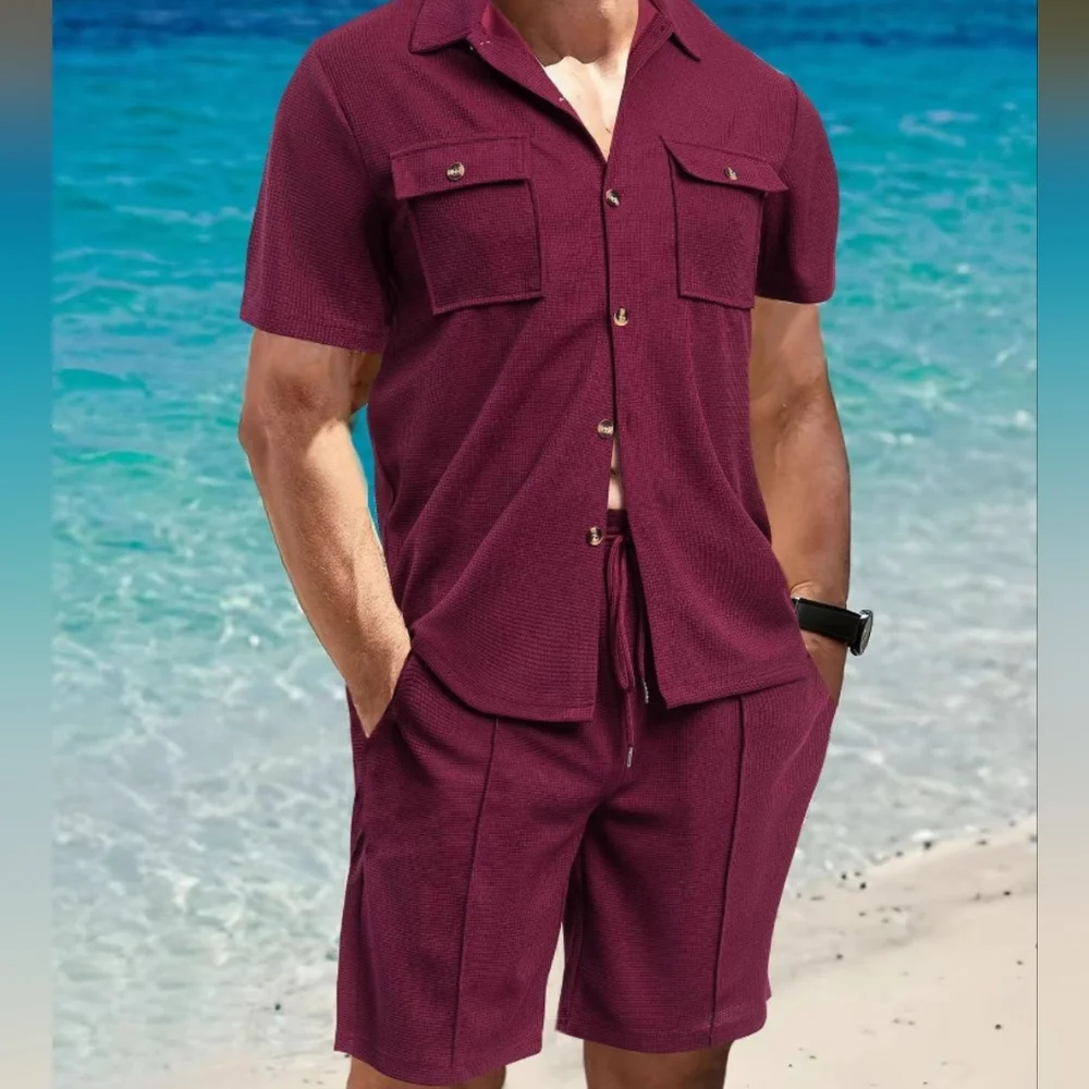 Men's Black Button Down Shirt and Shorts Set